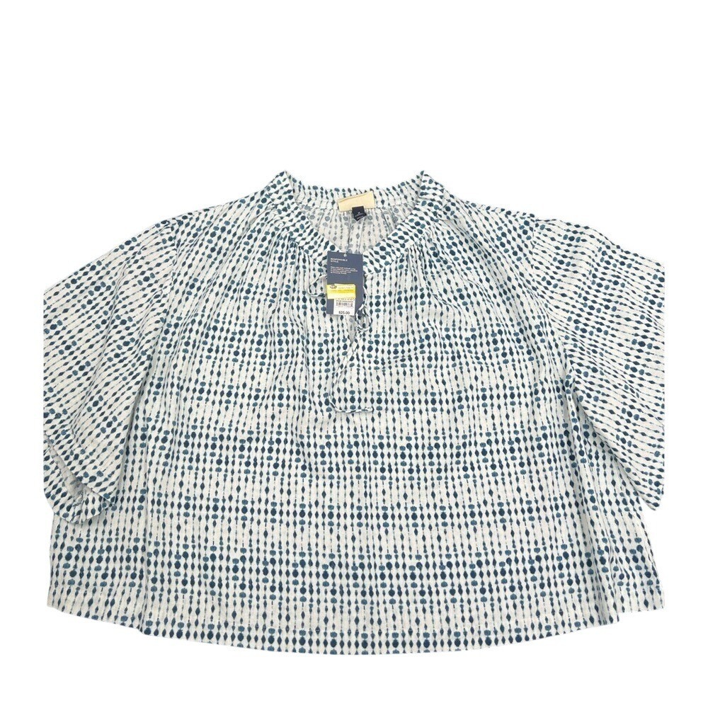 Universal Thread Womens Blue White Ikat Linen Blend Tie Neck Boho Top XL NWT